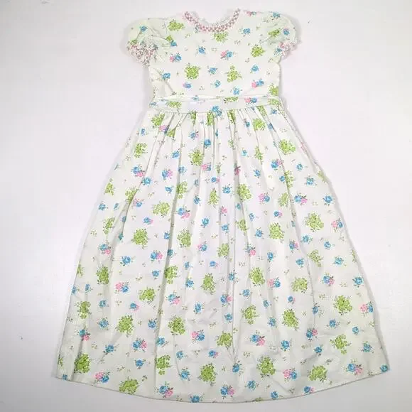 Vintage Handmade Dress Girls Size 6/7 Midi Maxi Floral Swiss Dot Boho - Picture 1 of 5